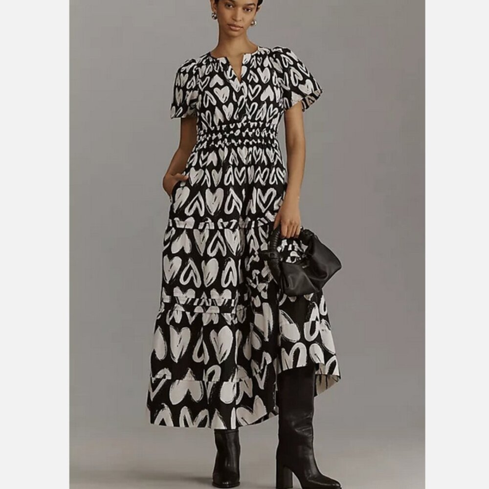 Anthropologie The Somerset Maxi Dress Cotton Tiered Hearts Heart Print L NWT